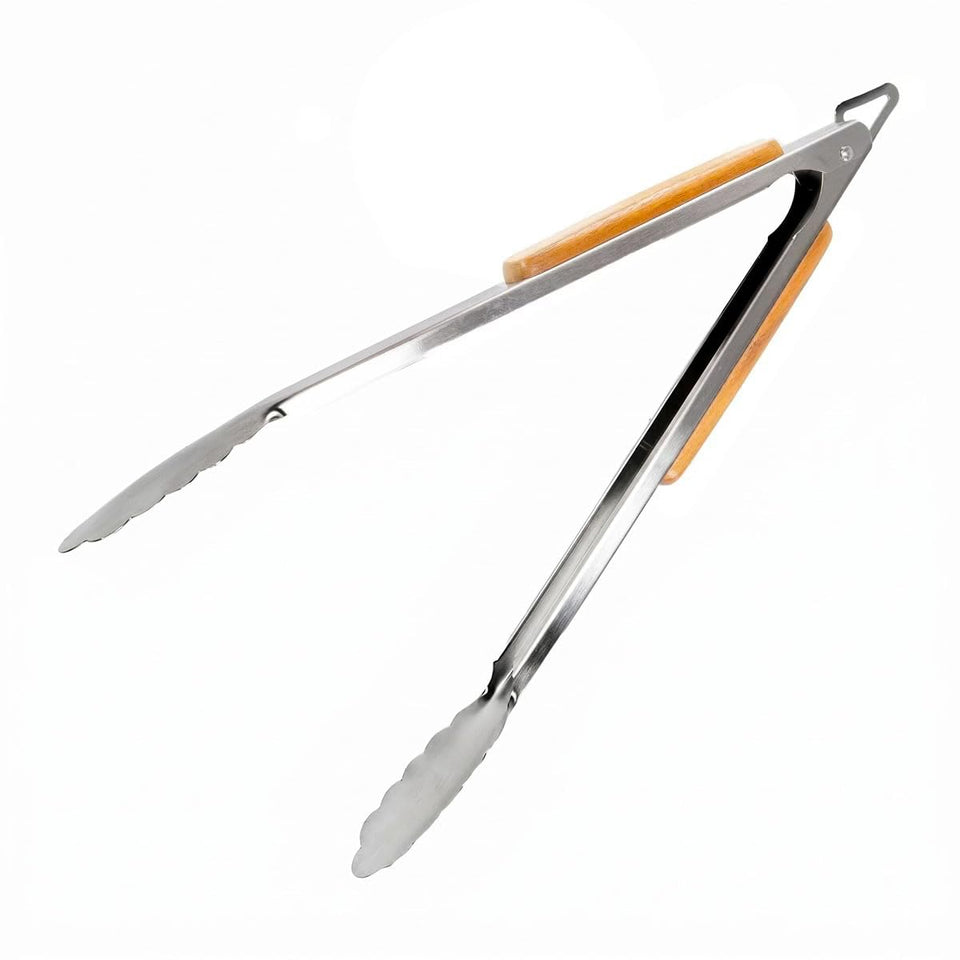 BBQ-AID Pro 17-inch tongs with stainless steel core and wood handle for even grilling.