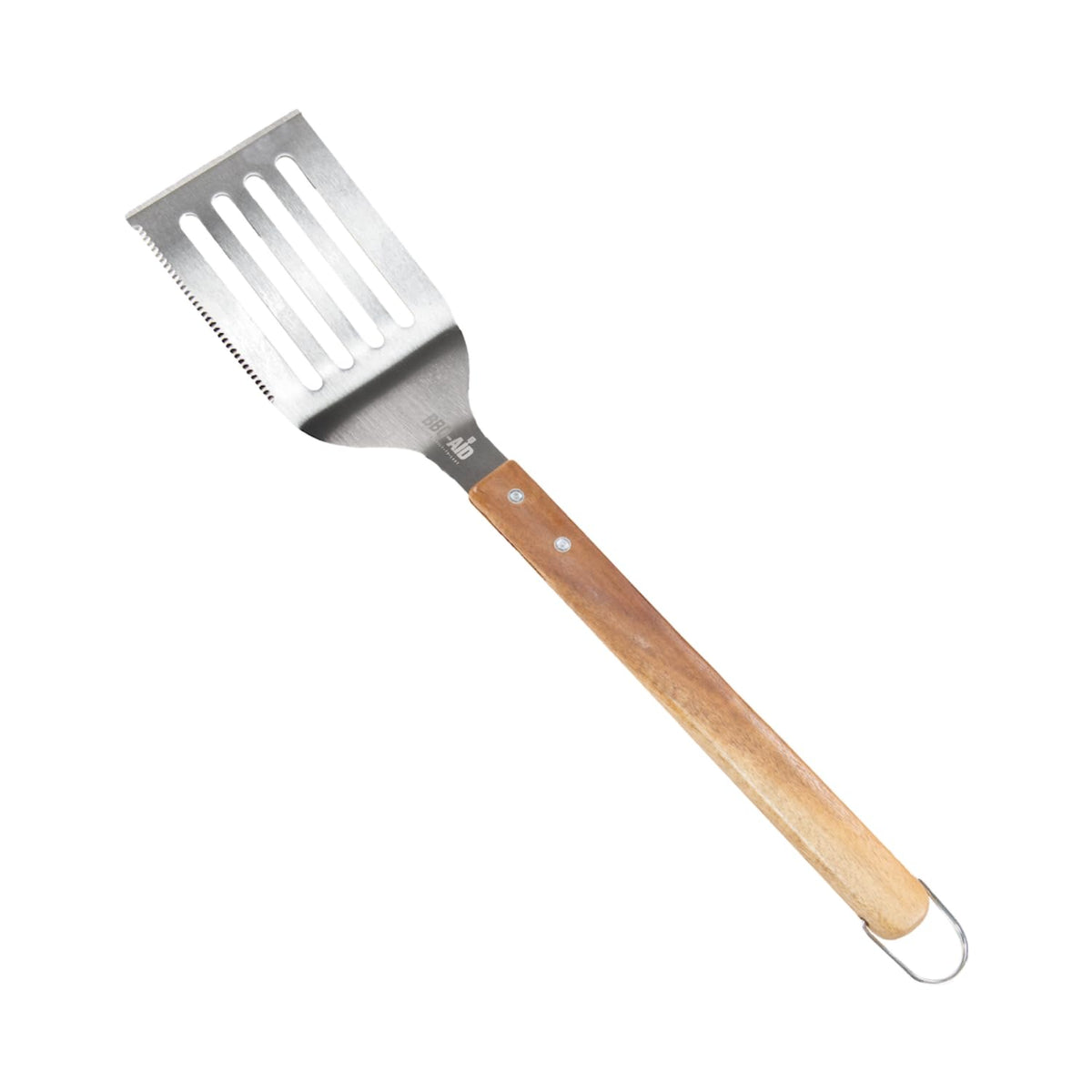 BBQ-AID Pro spatula with acacia handle for precise turning and control.