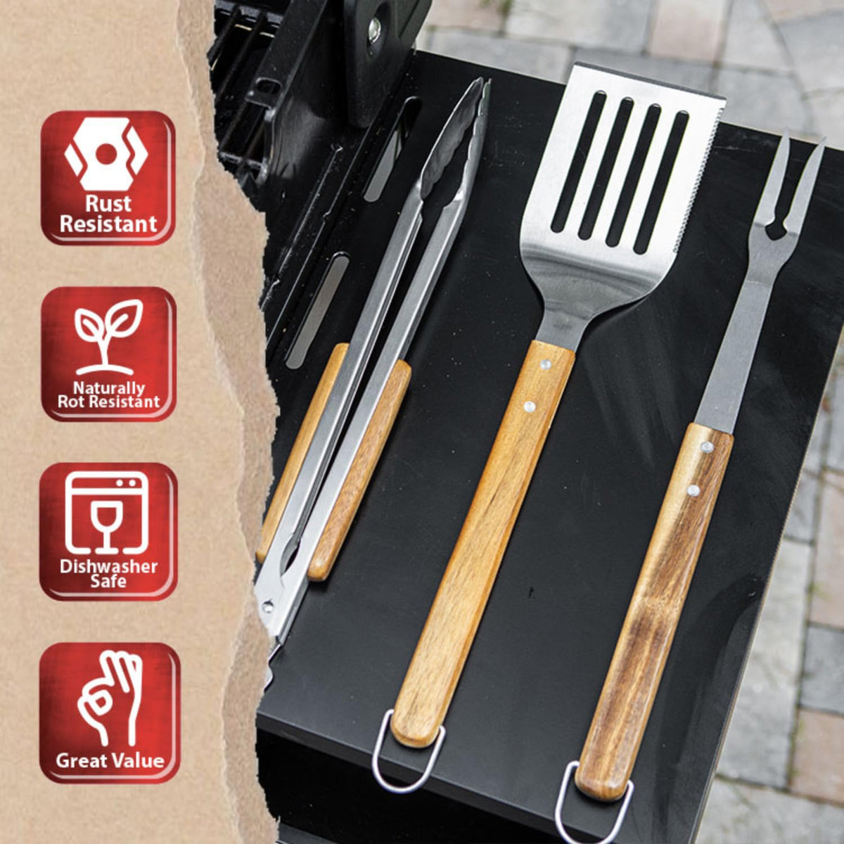 BBQ-AID Pro acacia wood grip offers comfortable handling.