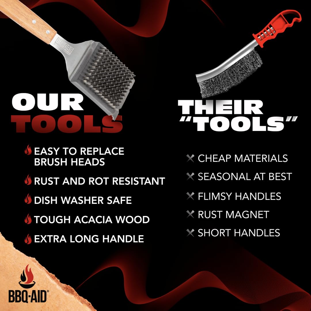 BBQ-Aid wooden handle ergonomic design reduces hand fatigue during cleaning.