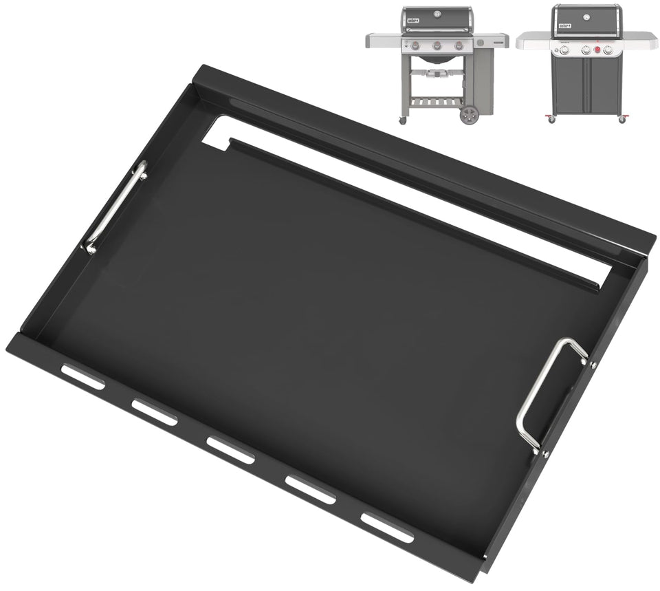 BBQ Future 6788 griddle insert front view showing sturdy handles and flat cooking surface for even heating.