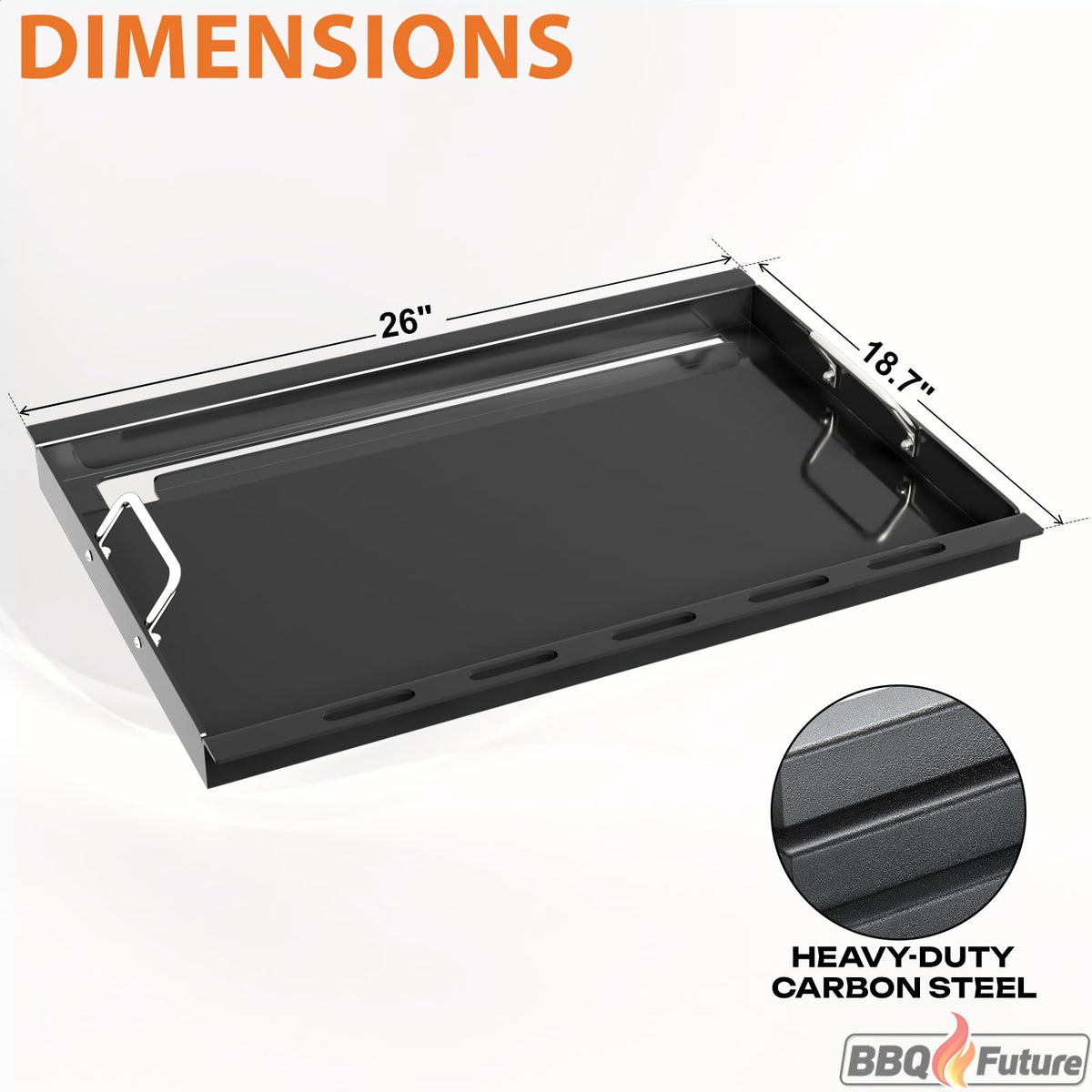 BBQ Future 6788 griddle insert side view highlighting integrated handles for easy removal.