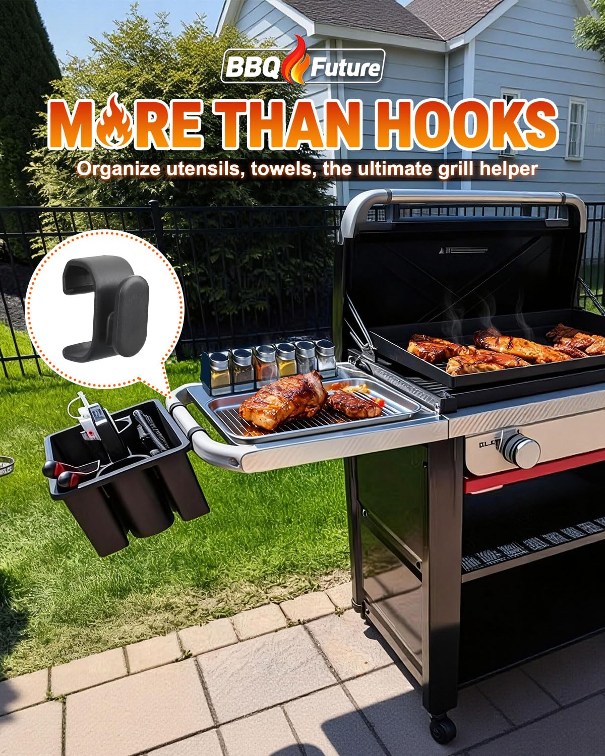 BBQ Future hanging tongs and brushes on Weber rail for quick access.