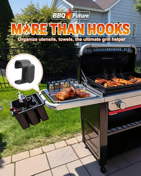BBQ Future hanging tongs and brushes on Weber rail for quick access.