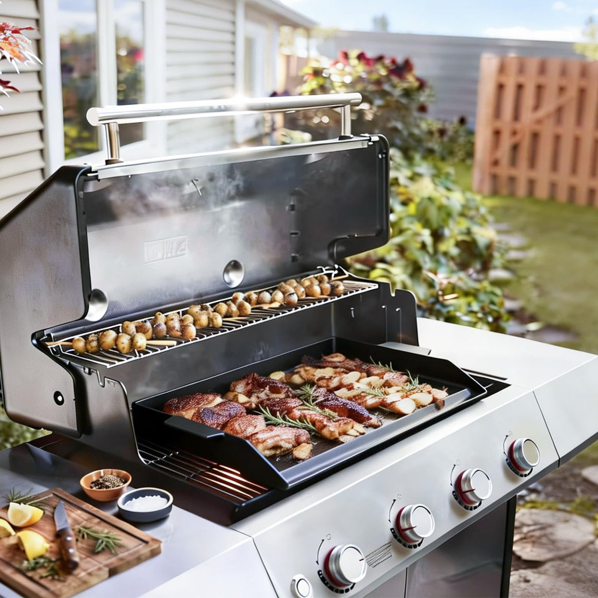 BBQ Future cast iron griddle shows full width grease tray to prevent flare ups