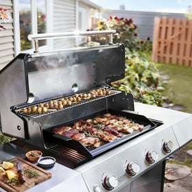 BBQ Future cast iron griddle shows full width grease tray to prevent flare ups