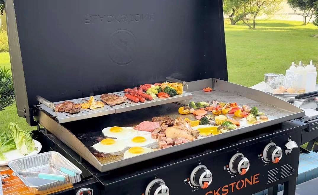 BBQ Future warming rack extended to fit larger Blackstone griddles for flexible setup