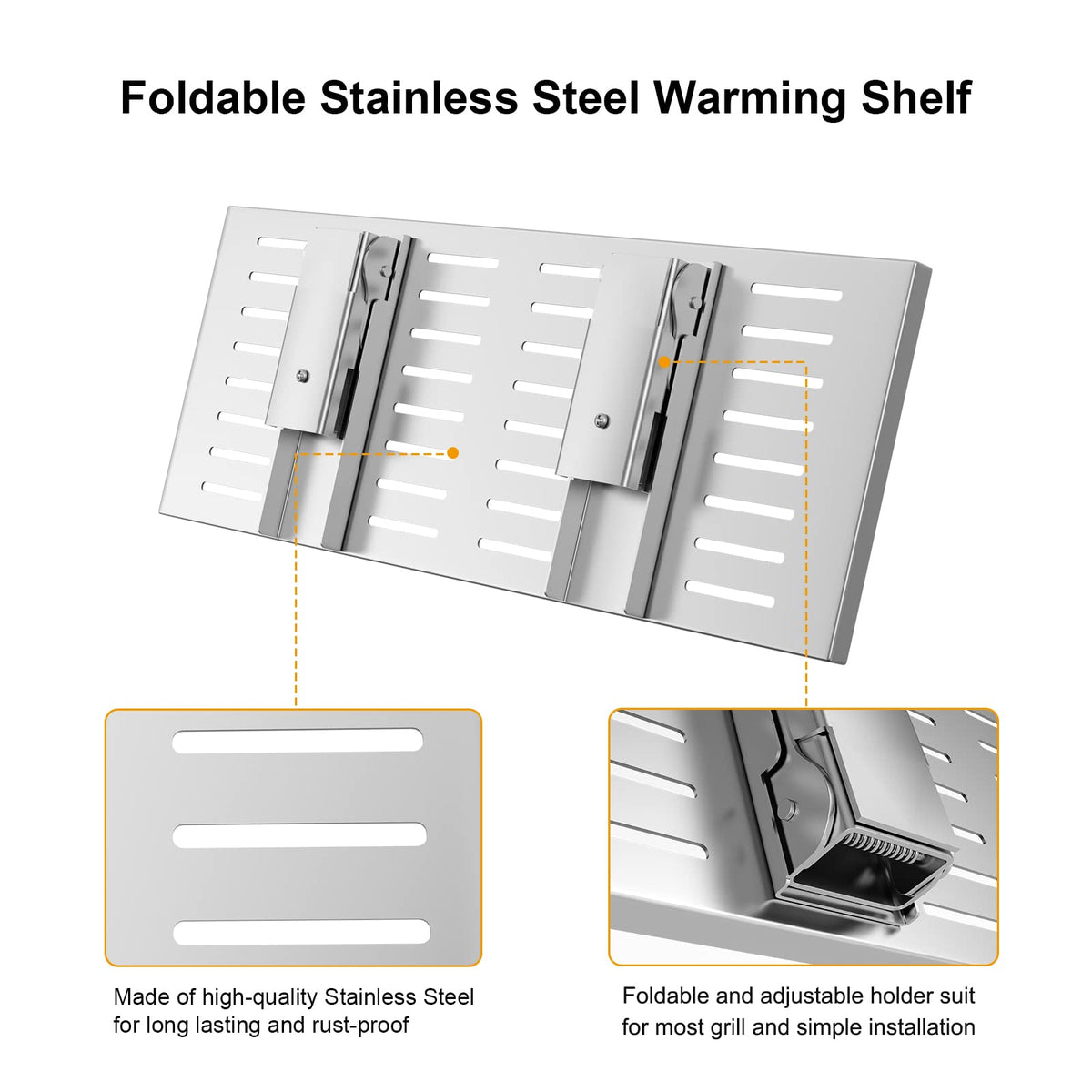 BBQ-PLUS stainless steel warming rack holding condiments and tools