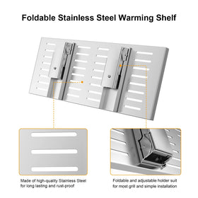 BBQ-PLUS stainless steel warming rack holding condiments and tools