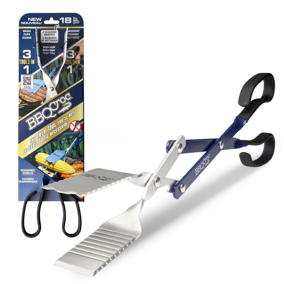 BBQ Croc 18-inch blue 3-in-1 tool for versatile grilling
