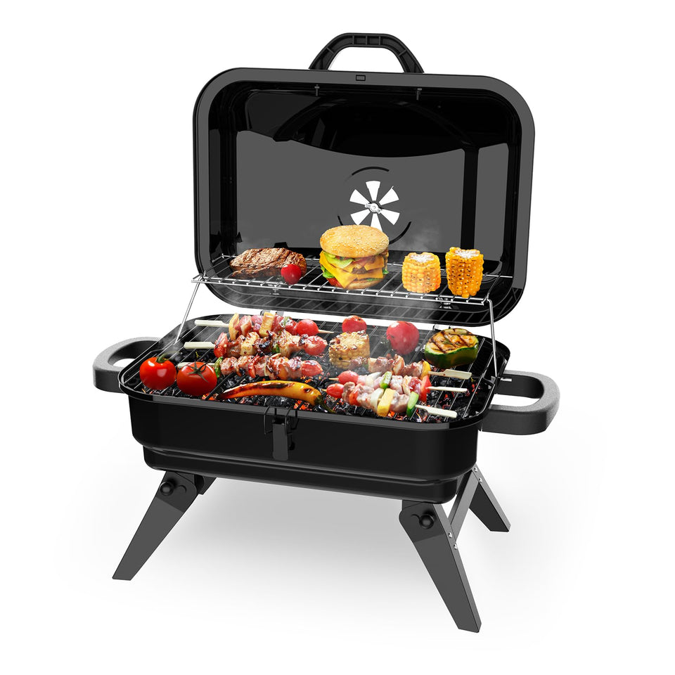BBQCuker portable charcoal grill with warming rack keeps food hot during outdoor meals.