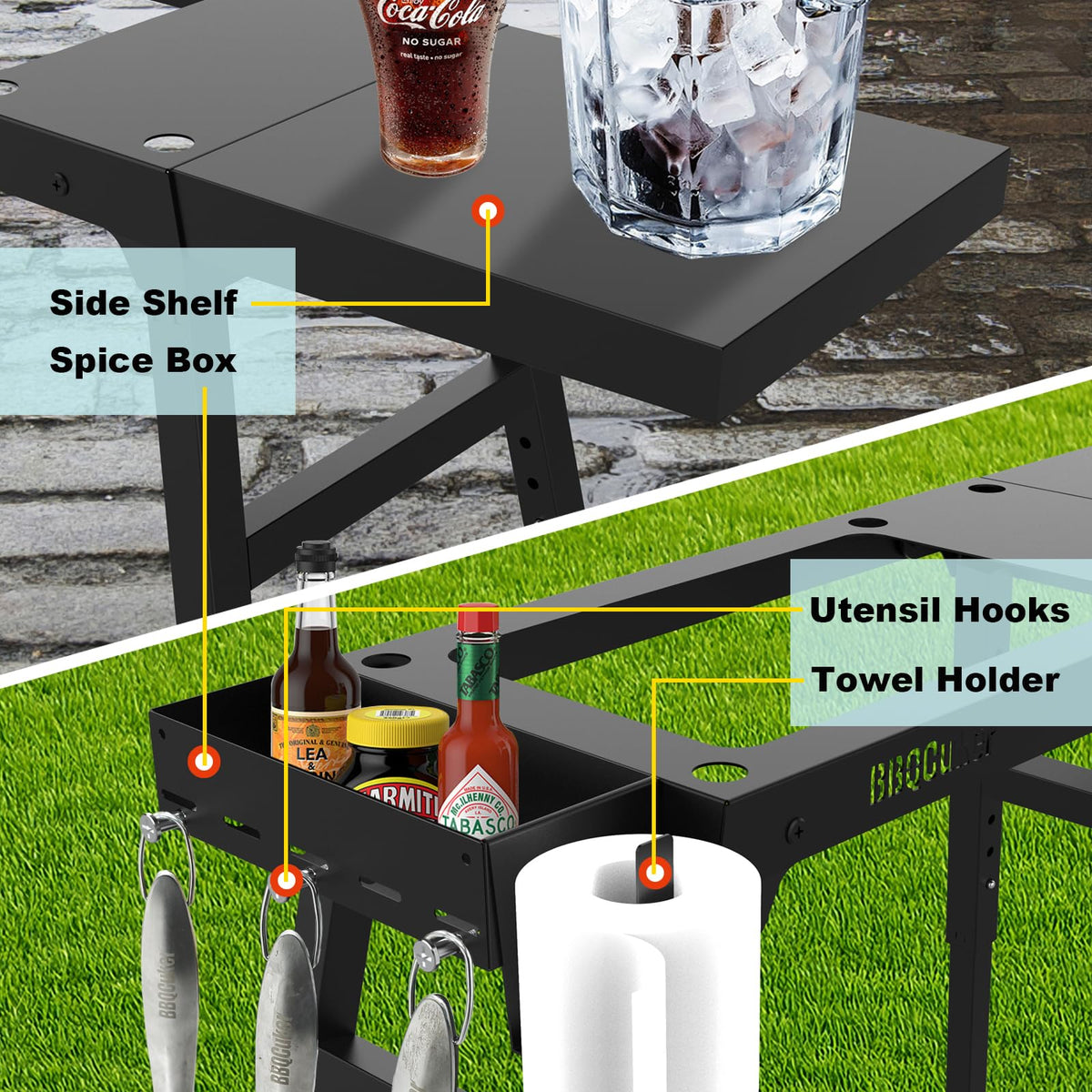 BBQCuker Removable Side Shelf adds workspace and quick tool access.