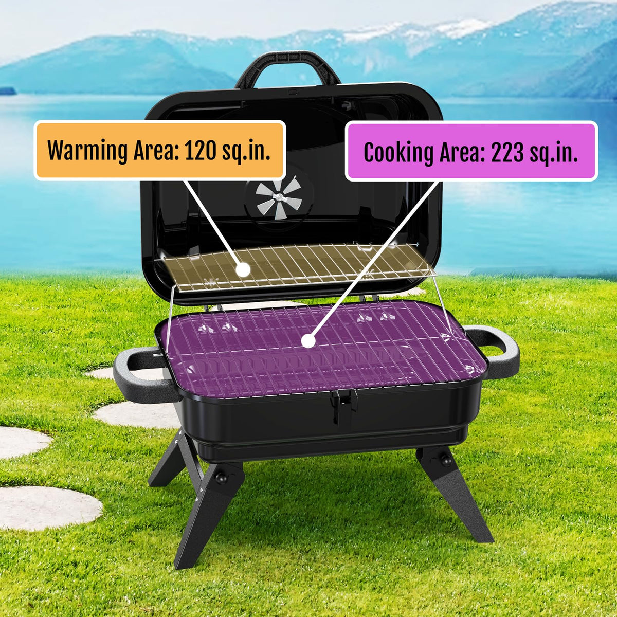 BBQCuker tabletop grill with folding legs for easy camping and picnics.