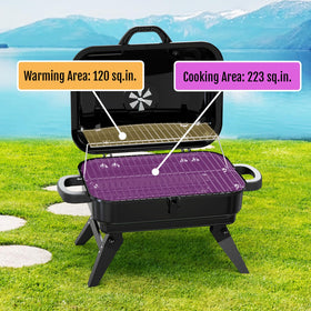 BBQCuker tabletop grill with folding legs for easy camping and picnics.