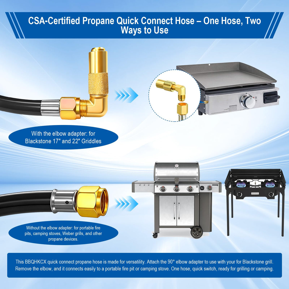 BBQHKCX 3-8 inch female flare adapter enables versatile grill connections.