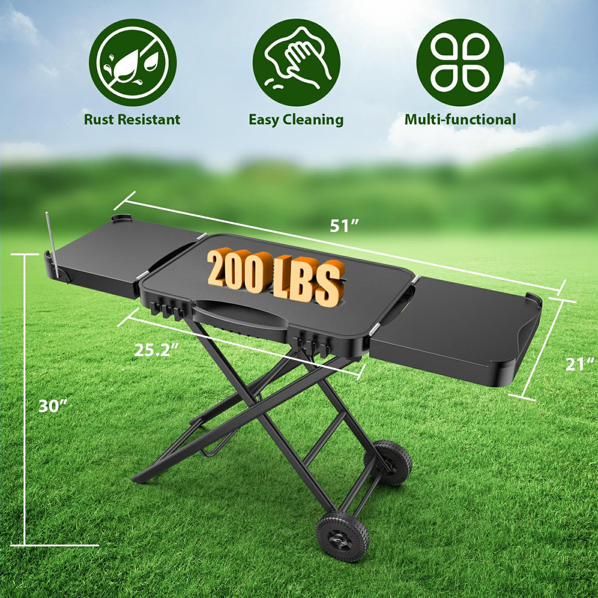 BBQMall grill table stand with two wheels for easy movement during camping