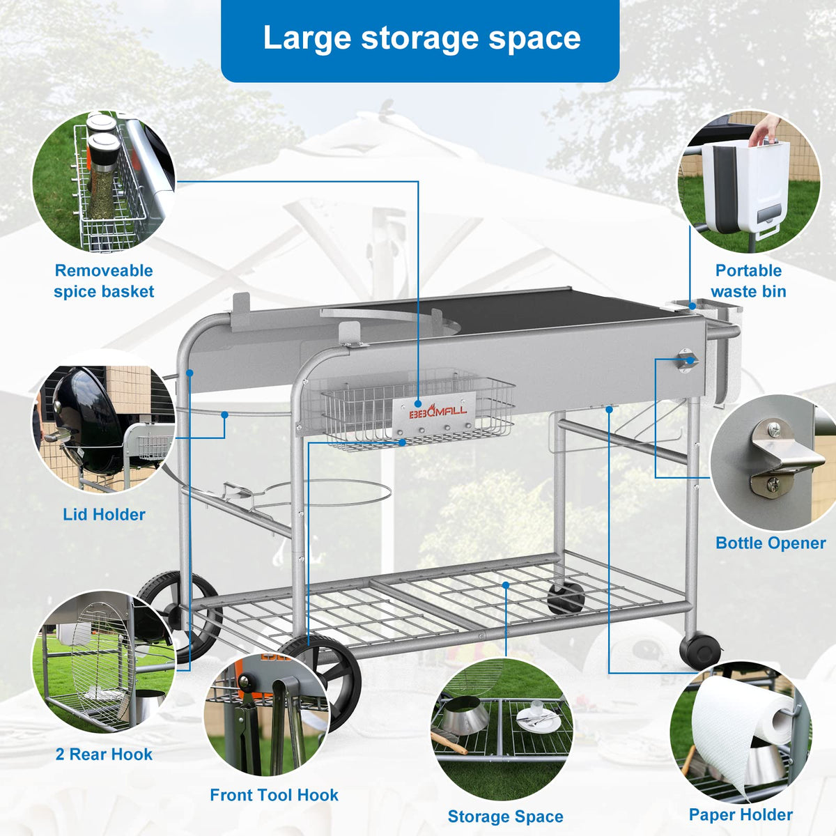 BBQMall lower storage rack keeps tools and accessories organized.