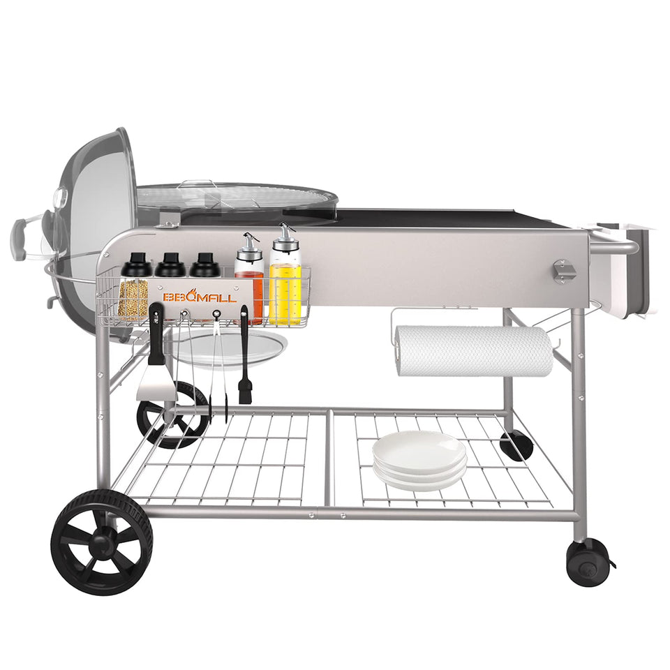 BBQMall grill table fits Weber 22-18 inch kettles, expanding outdoor prep space.