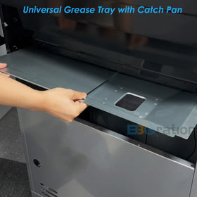 BBQration catch pan close-up shows secure grease containment for easier cleanup after grilling.