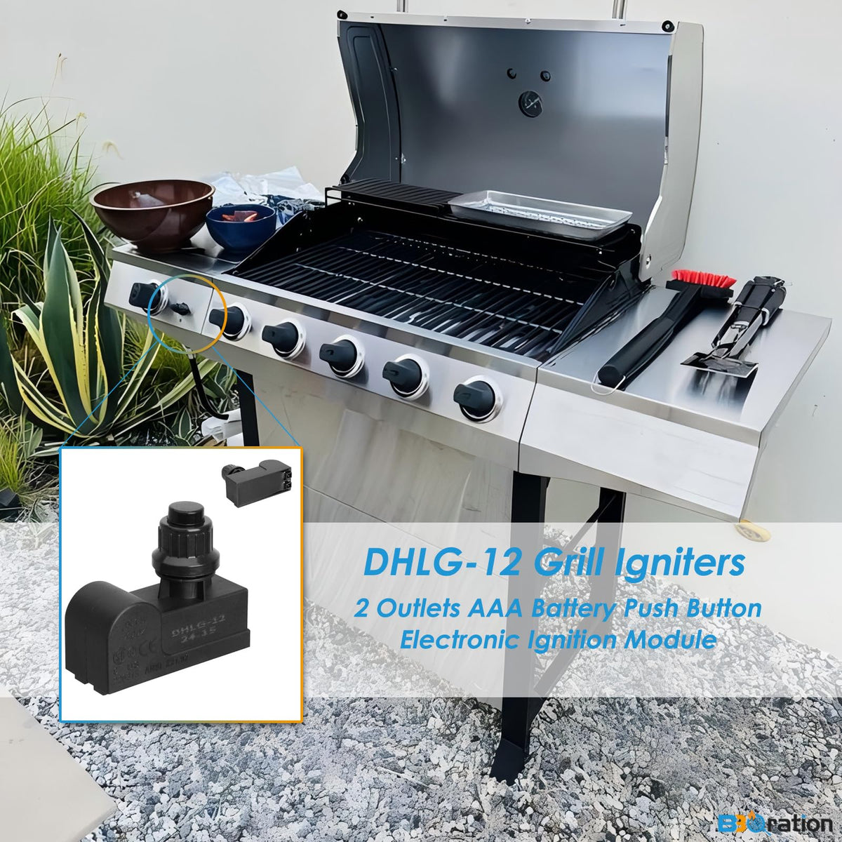 BBQration DHLG-12 two outlets close-up showing dual ignition points