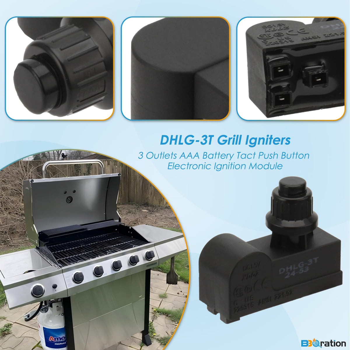 BBQration DHLG-3T packaging shows replacement parts contents.