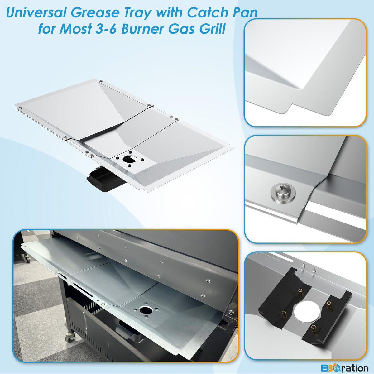 BBQration adjustable-length tray (24-32 in) fits 3-6 burner grills.