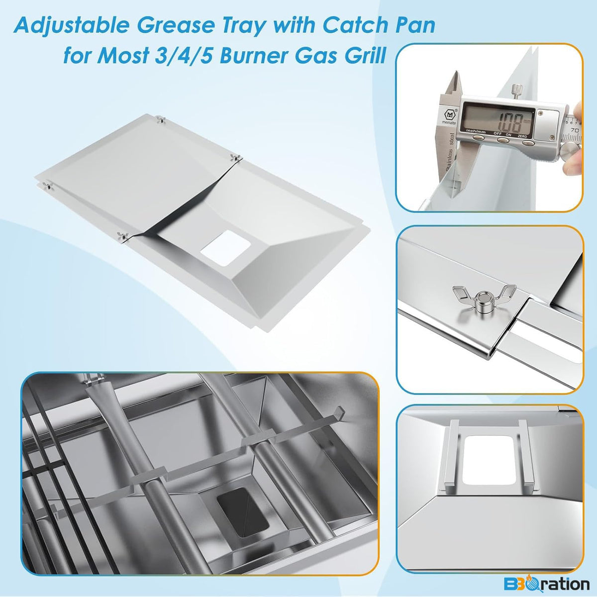 BBQration grease tray adjustable length demonstrates flexible fit for 3 to 5 burner grills.