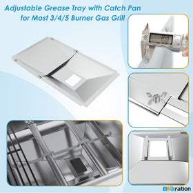 BBQration grease tray adjustable length demonstrates flexible fit for 3 to 5 burner grills.