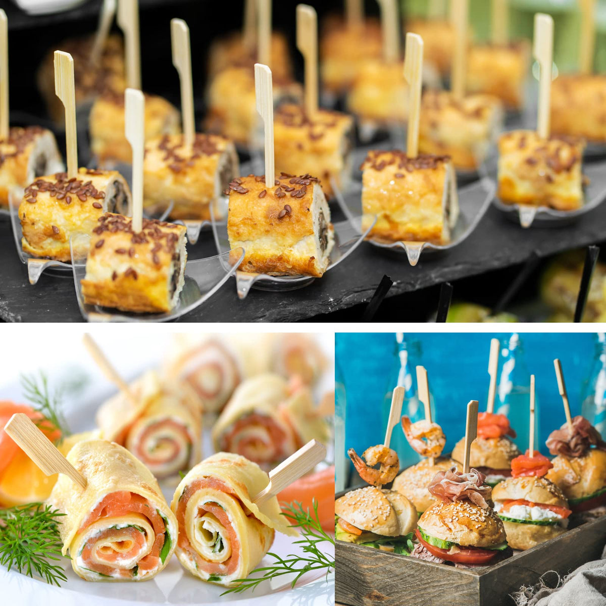 BBQStyle cocktail picks and fruit skewers enhance party displays.