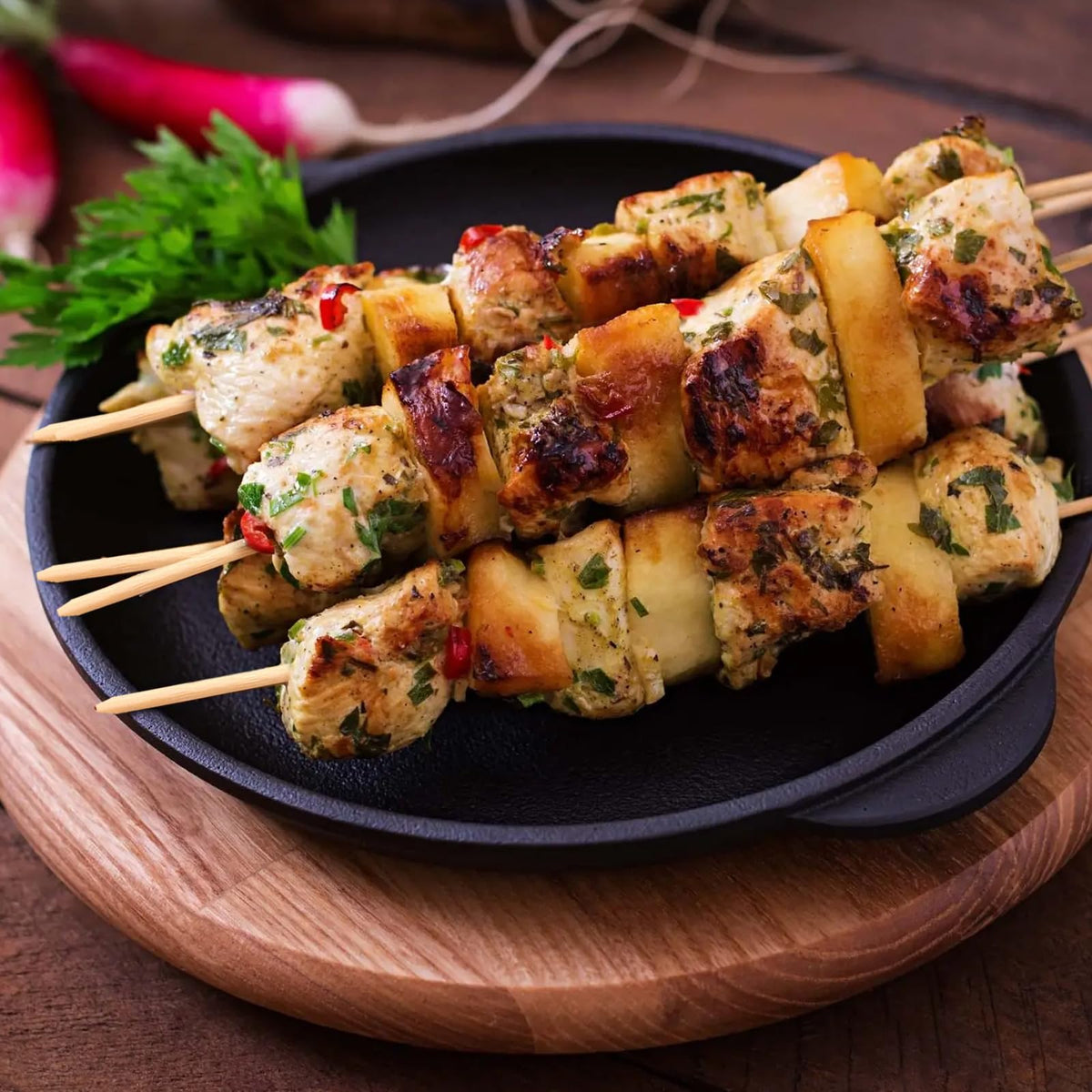 BBQStyle semi-pointed roasting sticks with flat end for safer handling.