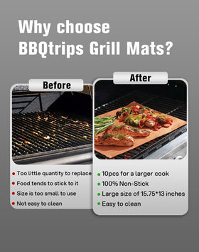 BBQtrips copper grill mats in pack highlighting reusable value