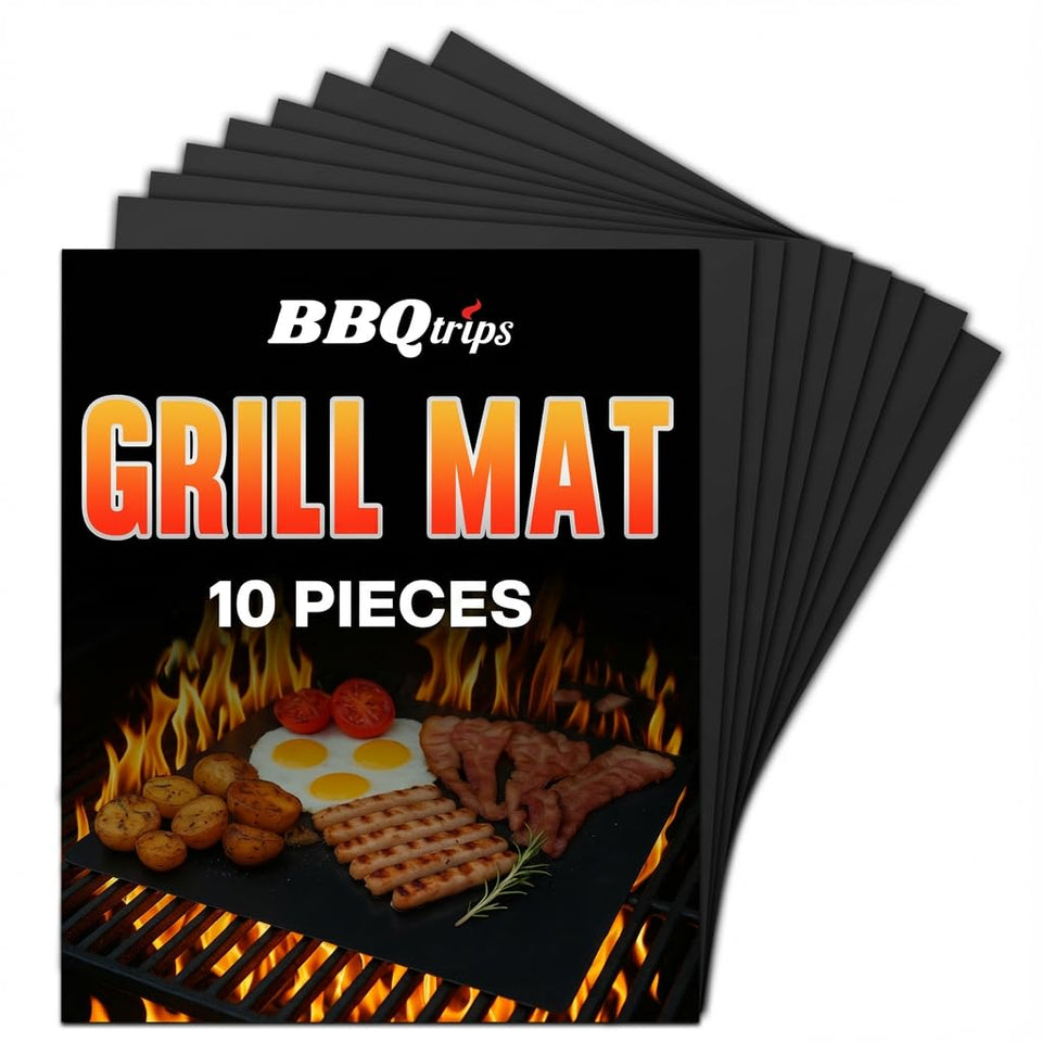 BBQtrips grill mats 10-pack on grill showing non-stick ease for flipping burgers