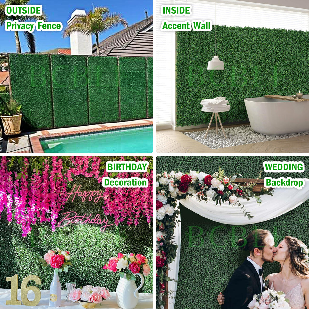 BCBLF wedding backdrop idea with lush green panels