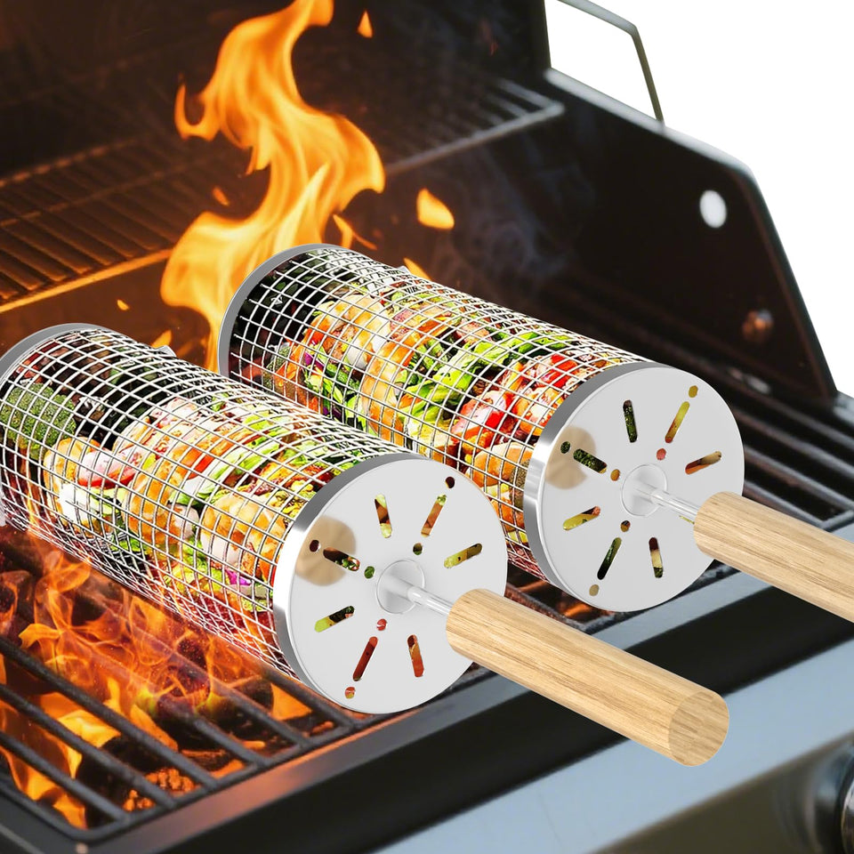 BCHWAY rolling grill basket with wooden handle for secure grip and even cooking.