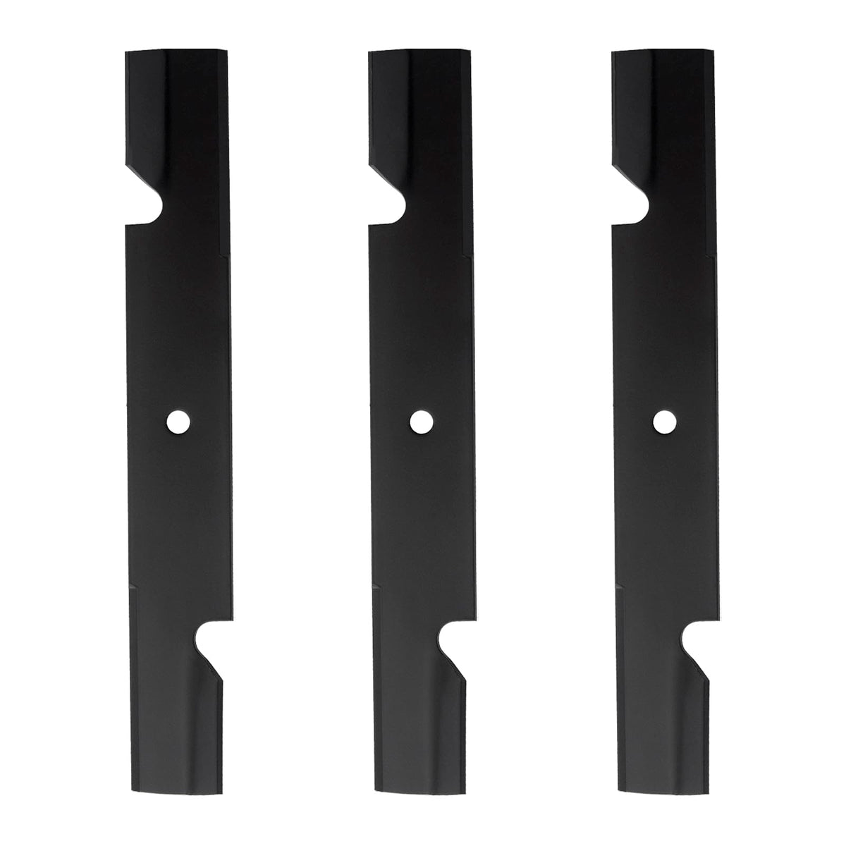 BCQNXX high lift blades 3-pack front view for fast installation and even lawn cuts.