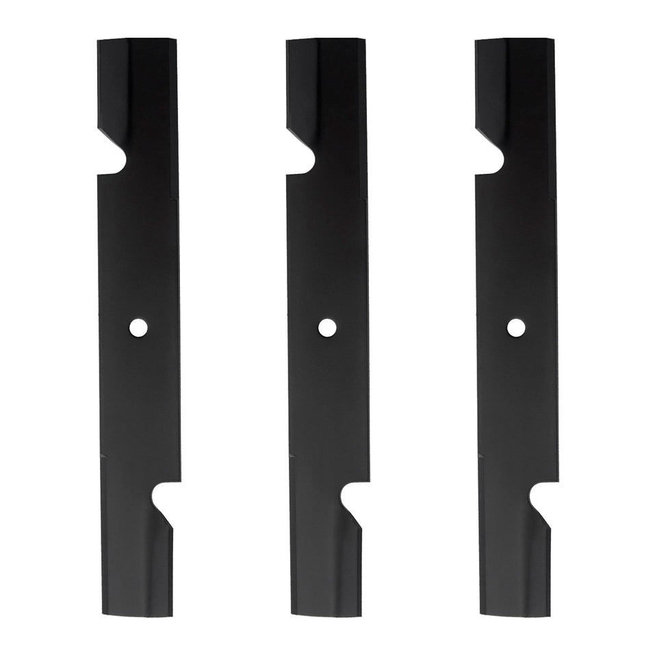 BCQNXX high lift blades 3-pack front view for fast installation and even lawn cuts.