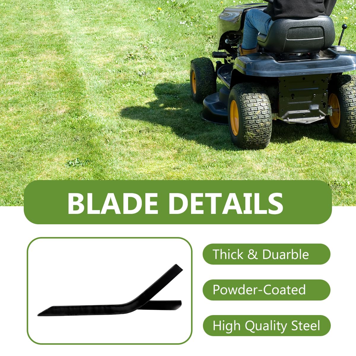 BCQNXX high lift blades 3-pack label view highlighting compatibility and deck performance.
