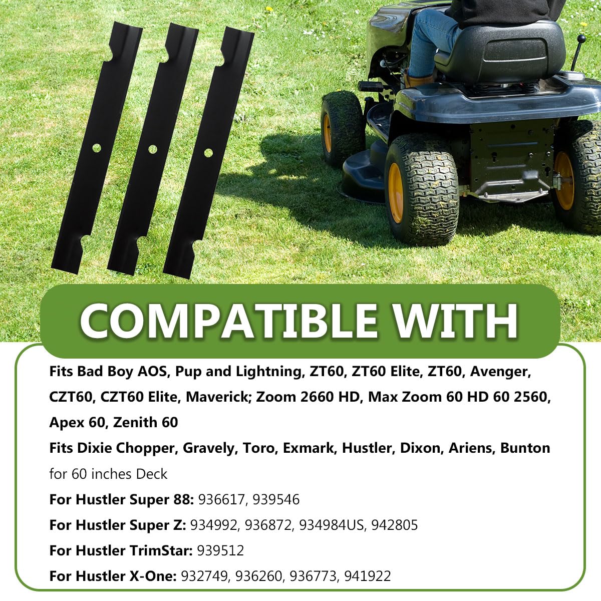 BCQNXX blades installed on a lawn mower demonstrating clean cut results.