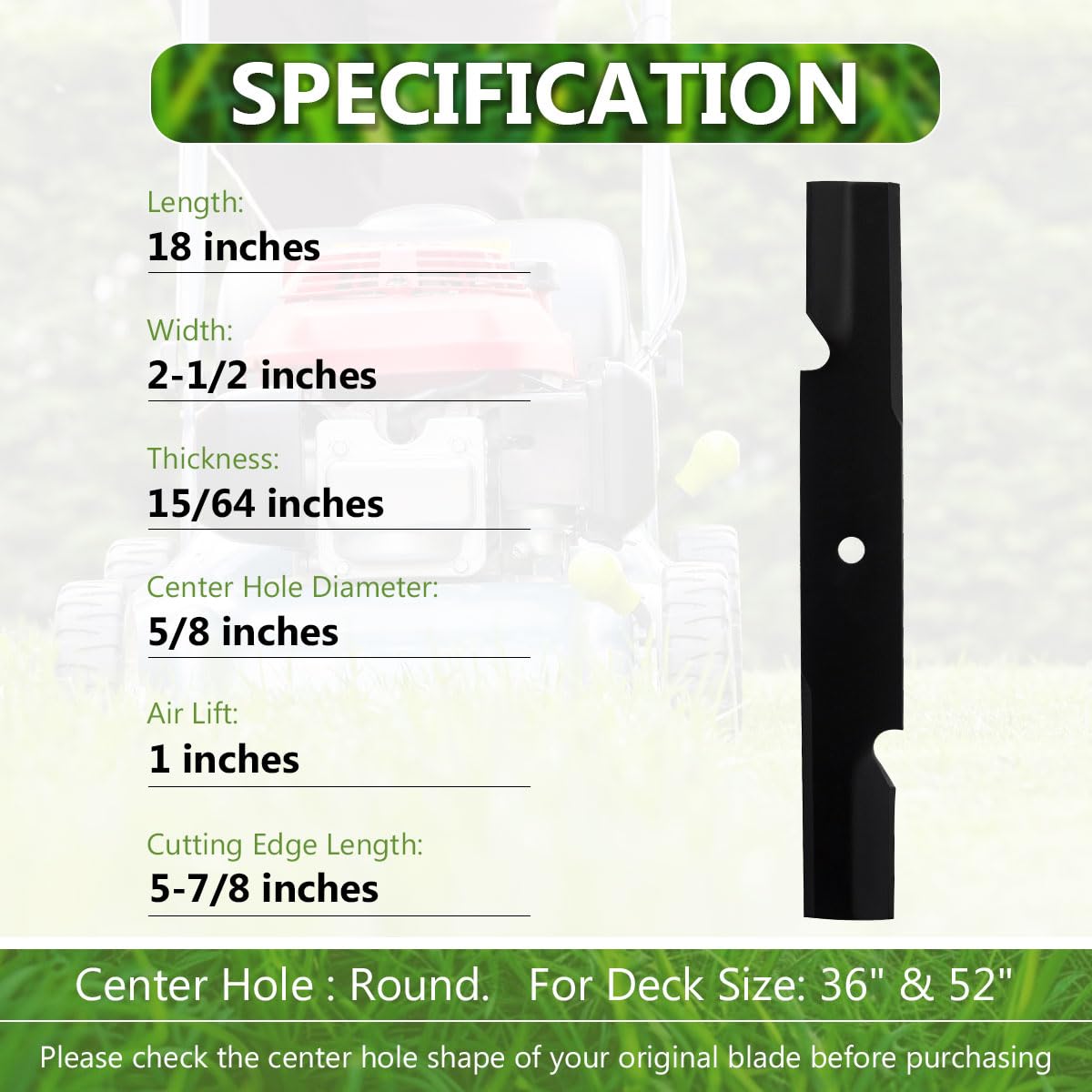 BCQNXX high lift blades mounted on a 52-inch deck for even turf finish.