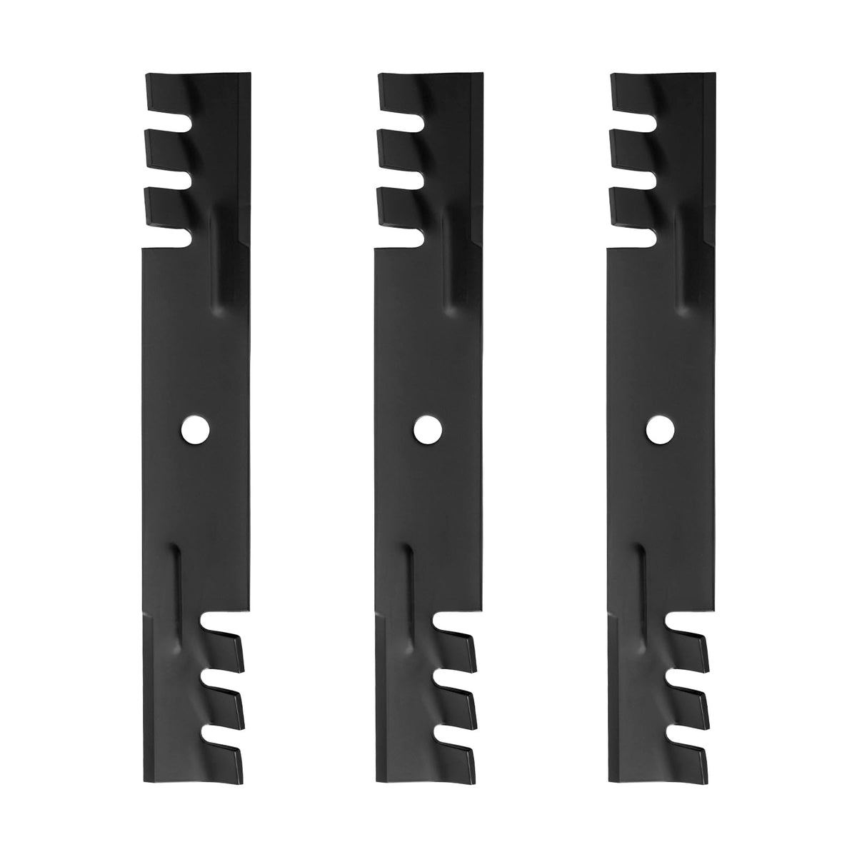 BCQNXX mulching blades 3-pack closeup showing durable steel for clean cuts.