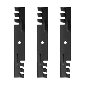 BCQNXX mulching blades 3-pack closeup showing durable steel for clean cuts.