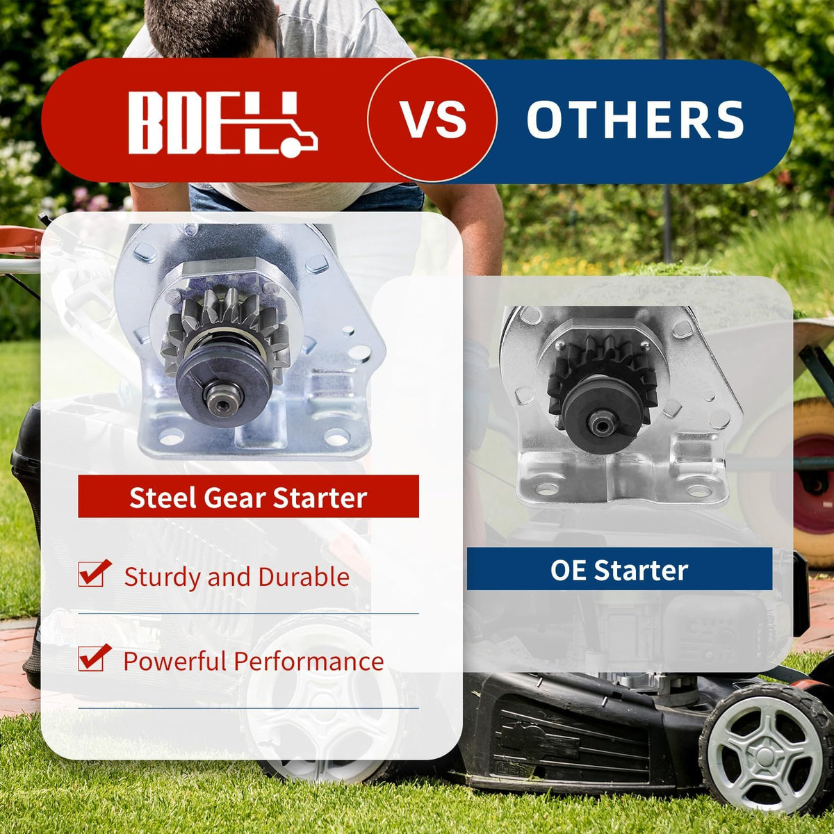BDELI 5742N steel gear starter in use on Briggs & Stratton mower.