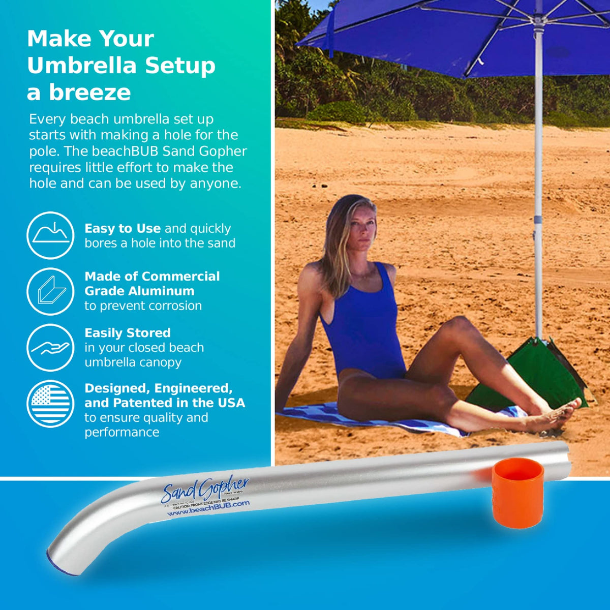 BeachBUB compact storage fits neatly into a beach bag alongside umbrellas