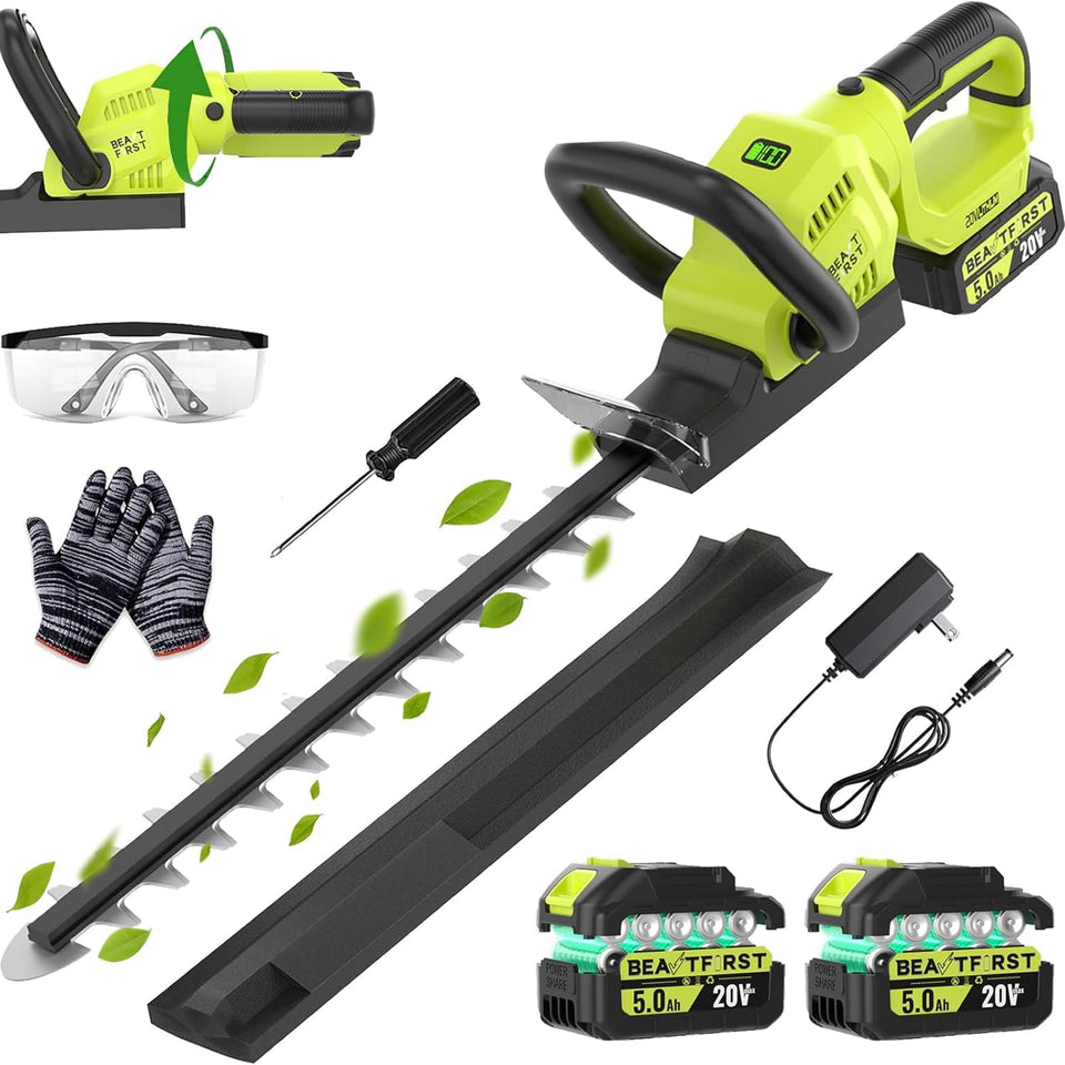 BeautFirst 20V hedge trimmer front view, ergonomic grip for extended trimming comfort.