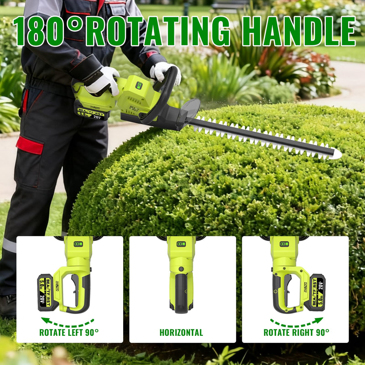 BeautFirst hedge trimmer safety design featuring a double lock to prevent accidental activation.