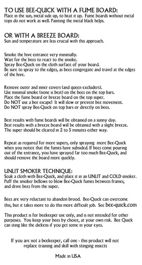 Bee-Quick instructions and safety notes for safe, efficient harvesting