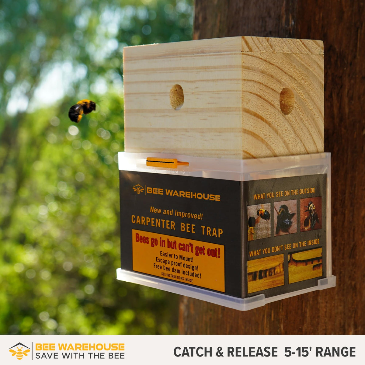 Bee Warehouse trap side view highlights rugged outdoor construction.