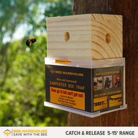 Bee Warehouse trap side view highlights rugged outdoor construction.
