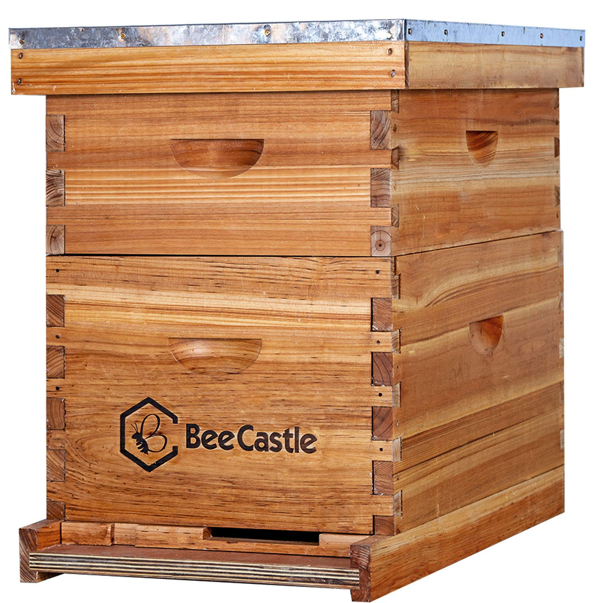 BeeCastle beehive with beeswax coating showing durable finish and low maintenance.