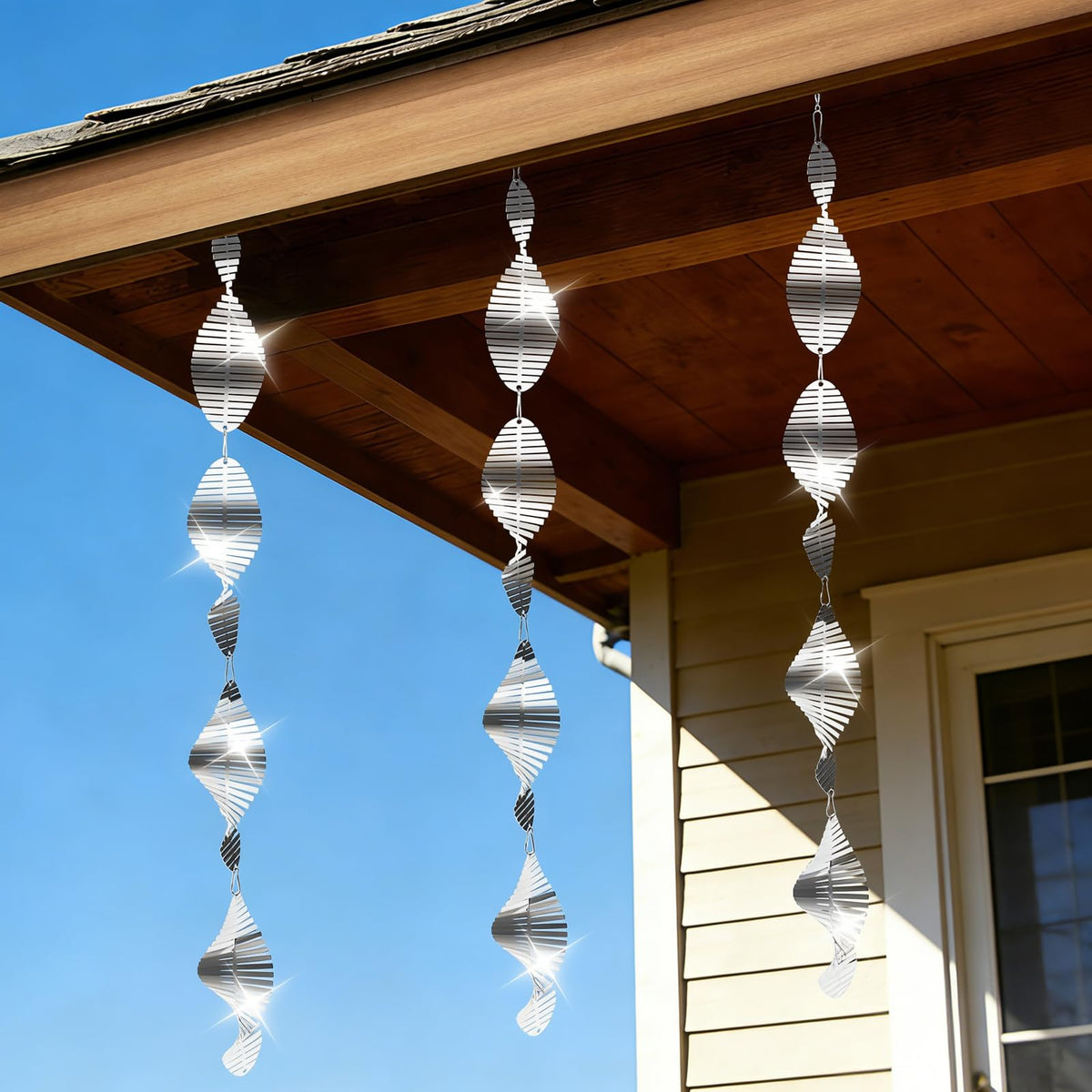 Beeplove fishbone wind spinner deters birds with reflective motion in the garden.